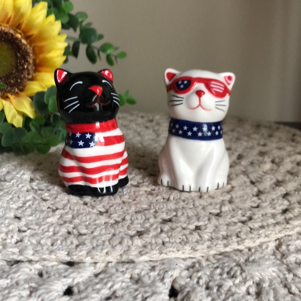 Patriotic Ceramic CAT Salt & Pepper Shakers - Red, White & Blue
